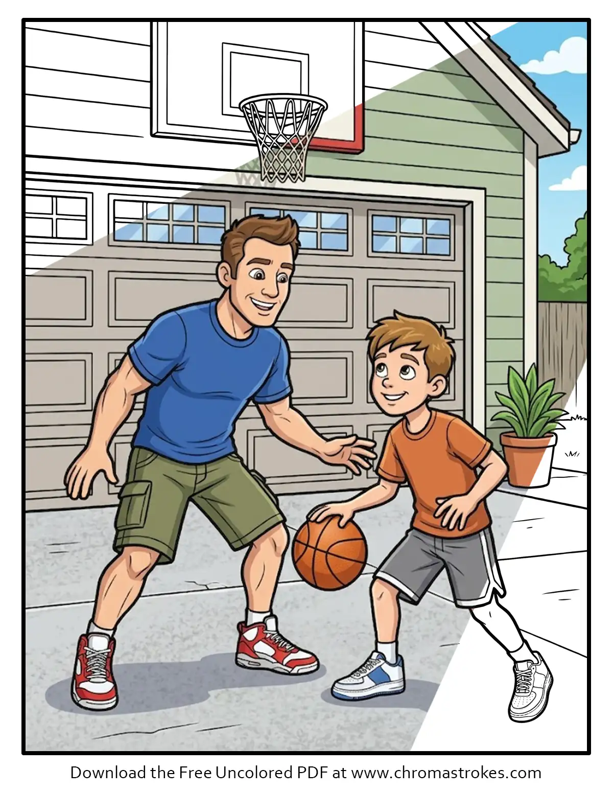 Father’s Day Coloring Page: Dad and Son Playing Basketball