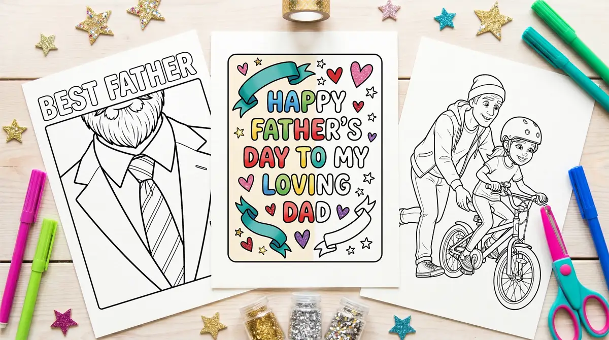 Three Father's Day coloring pages on a light wooden surface surrounded by colorful markers, scissors, tape, and craft stars.