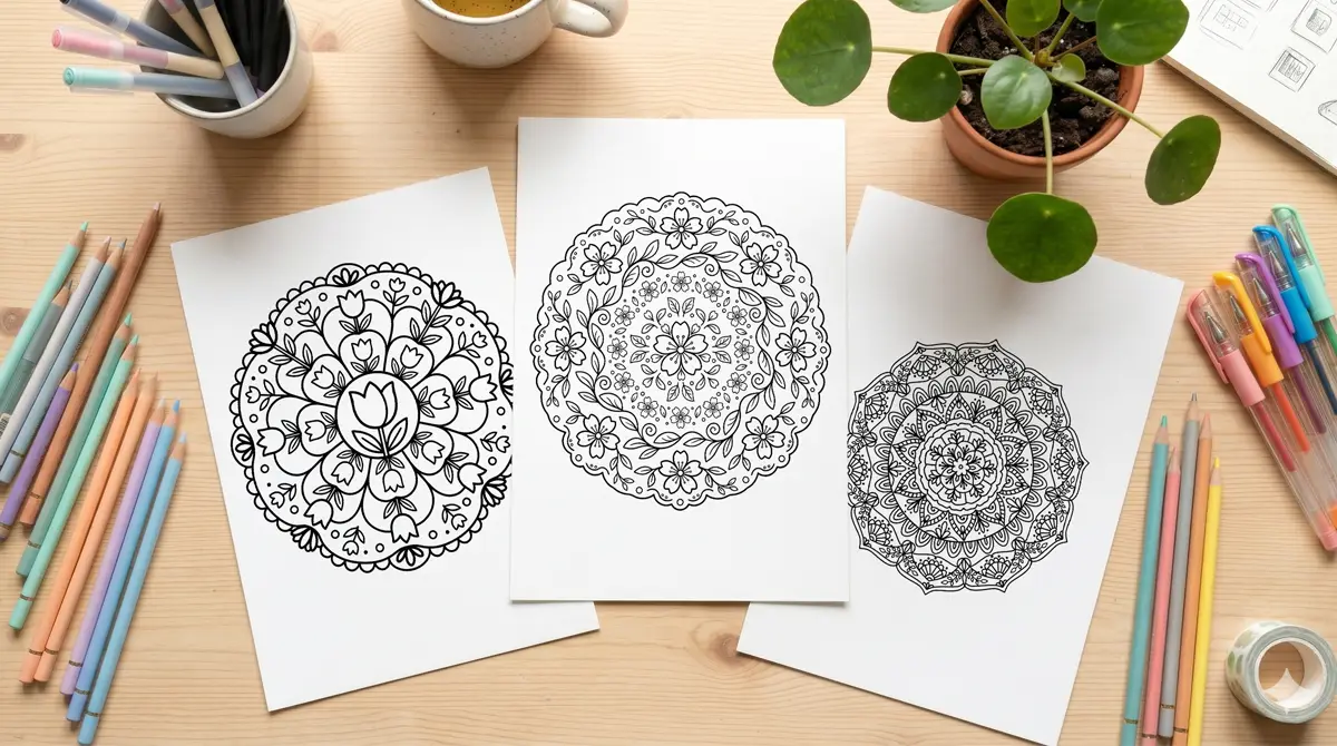 Three printed floral free mandala coloring pages sit on a wooden desk alongside scattered colored pencils and pens.