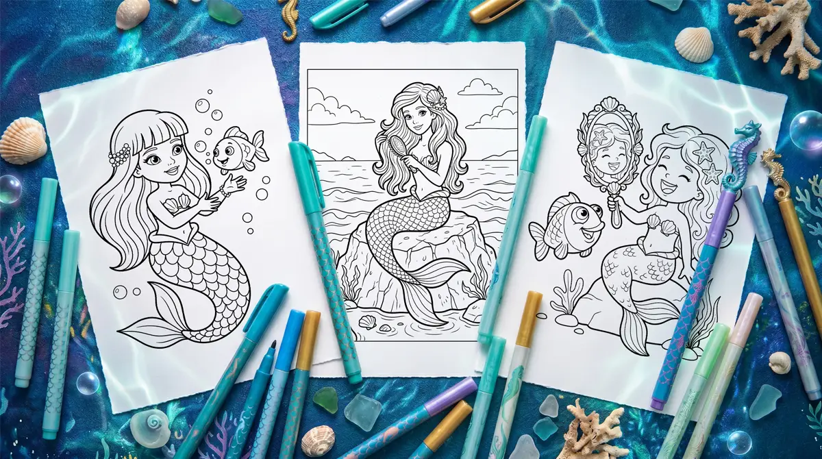 Three printed free mermaid coloring pages surrounded by markers and small seashells.