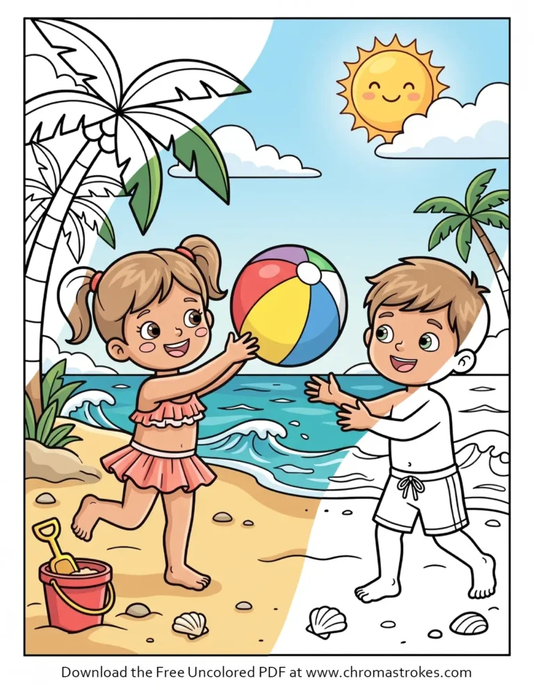 This playful summer coloring page features two young kids tossing a beach ball by the ocean shore.