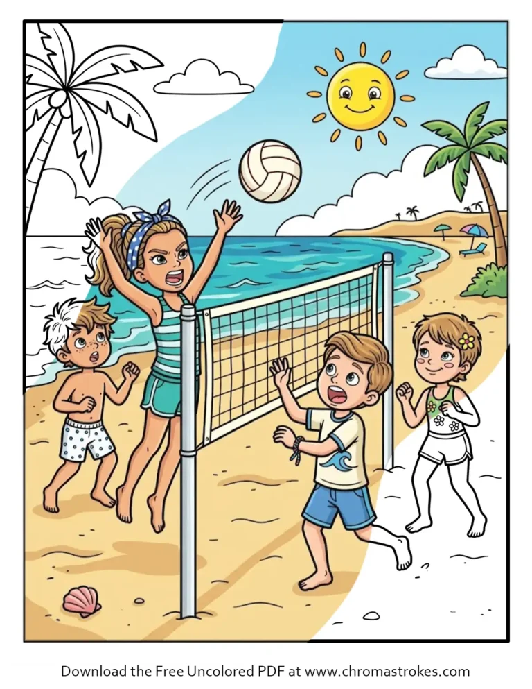 Four kids play beach volleyball under a smiling sun in this fun summer coloring page.