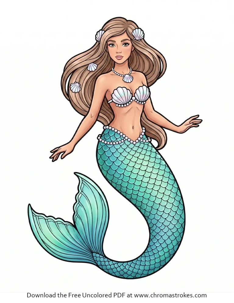 A gorgeous mermaid coloring page featuring a mermaid with flowing hair, seashell top, and detailed scaly tail.