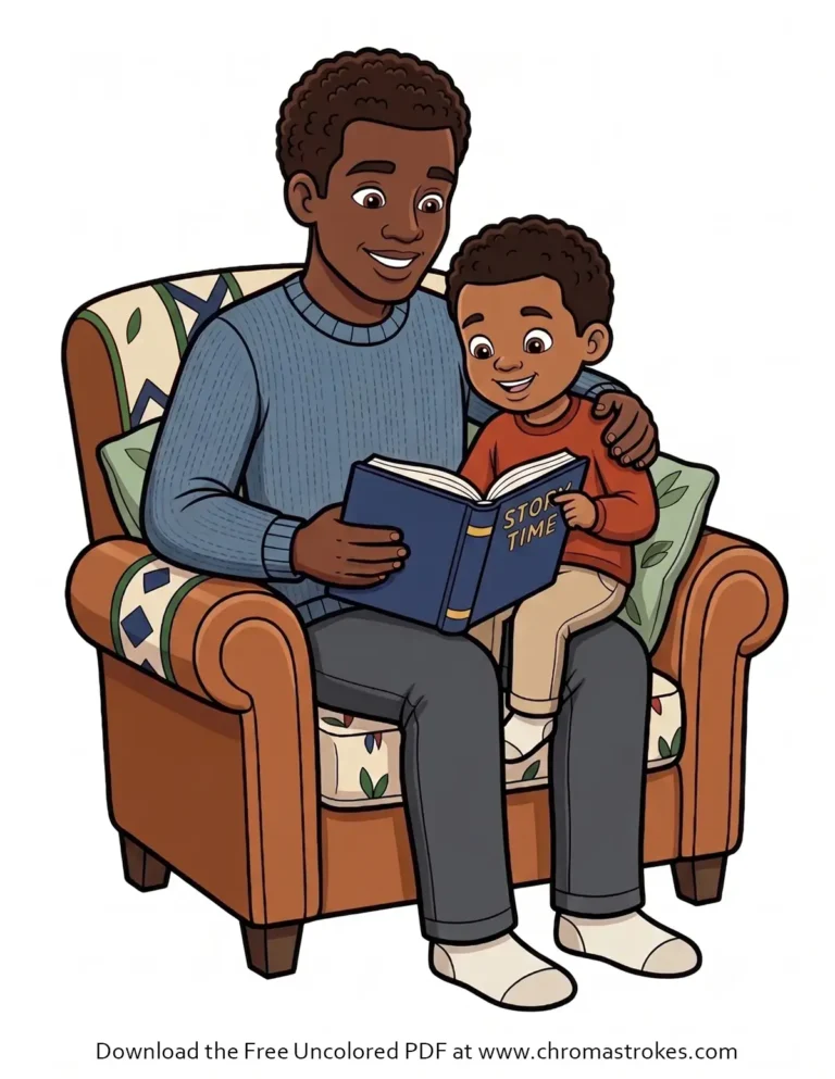 A fun father's day coloring page featuring a dad and child reading a book together.