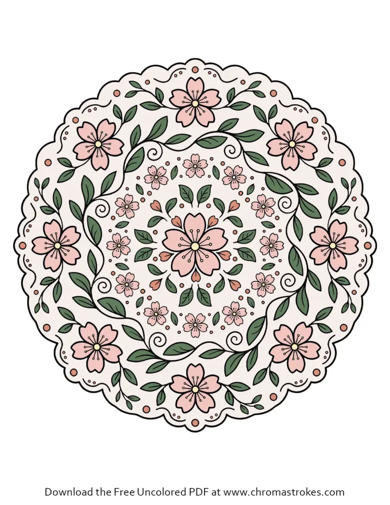 Beautiful Sakura flowers mandala coloring page featuring cherry blossoms and leaves.