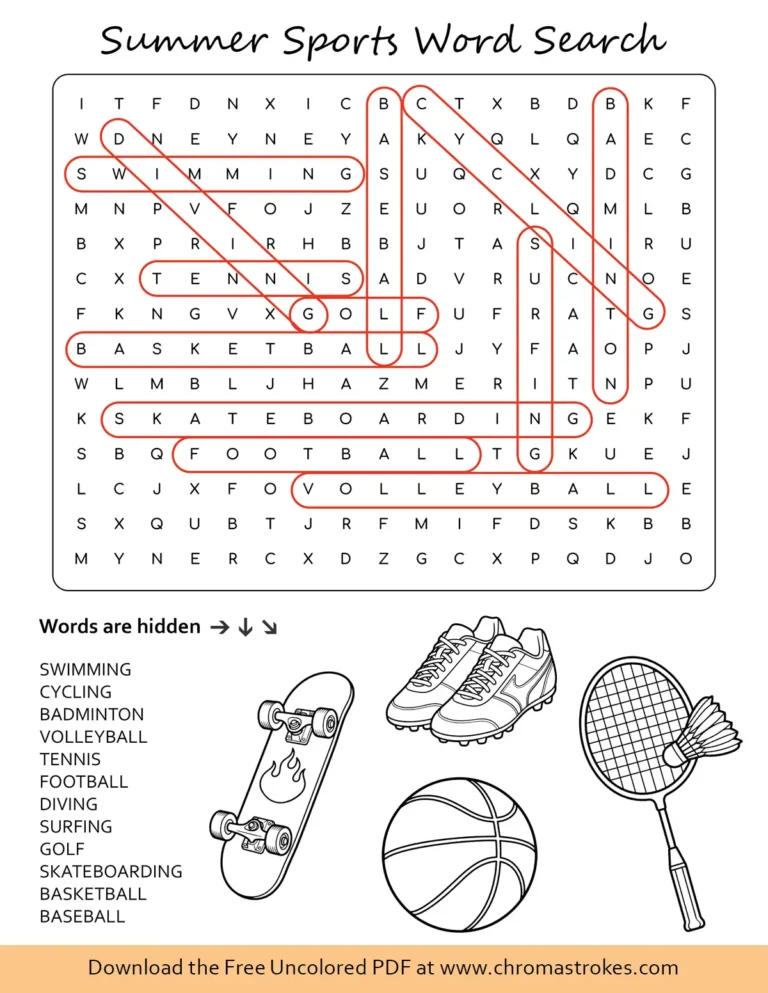 Printable summer sports word search puzzle with hidden vocabulary and sport-themed illustrations to color.