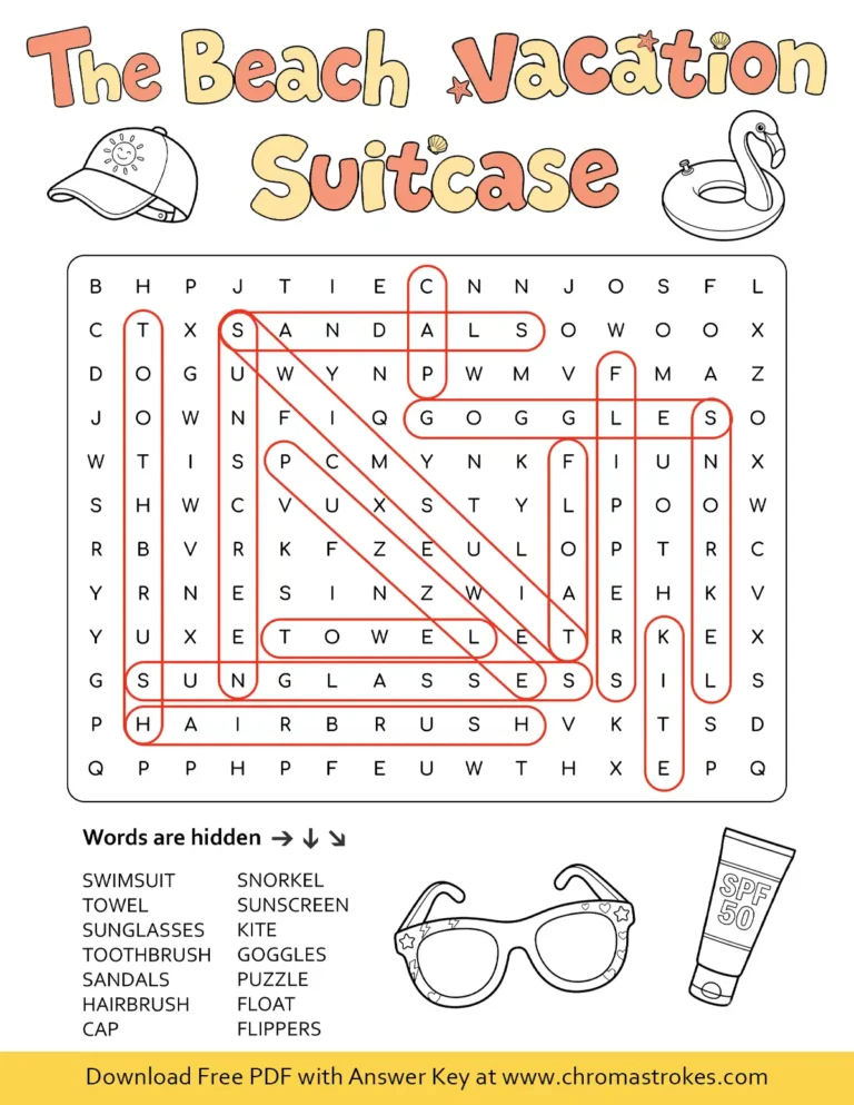Printable summer vacation word search featuring a packing list and colorable beach gear.