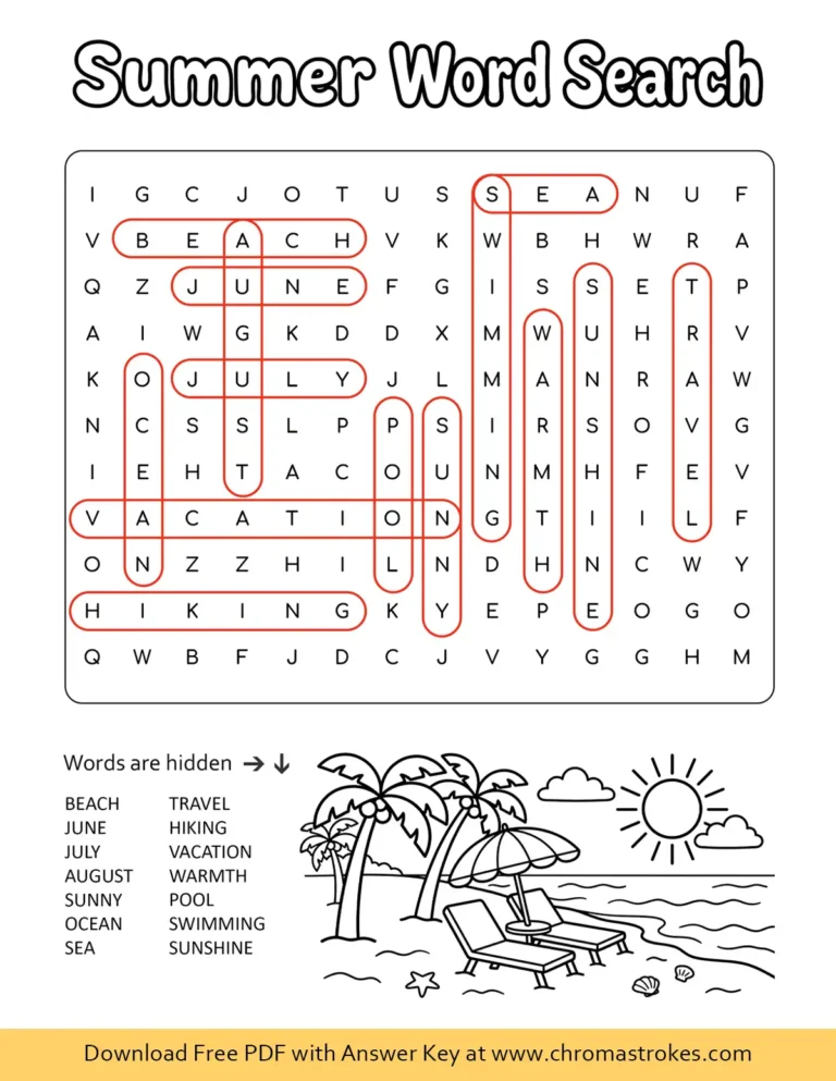 A fun summer word search puzzle for elementary kids featuring a beach coloring section.