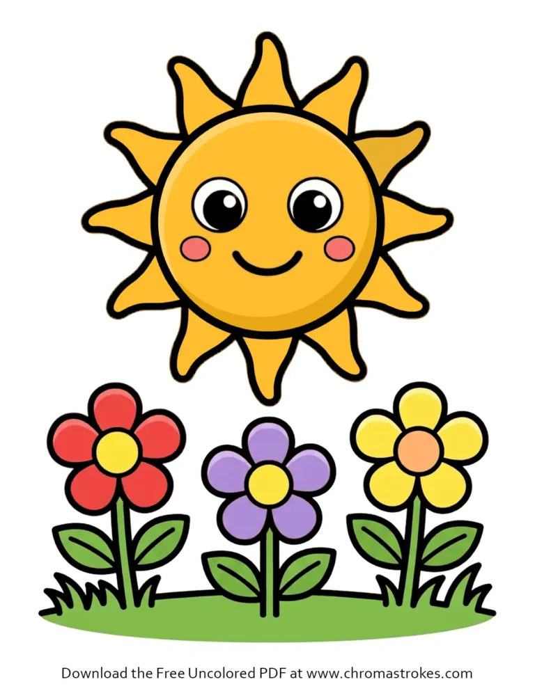 A happy smiling sun coloring page featuring a cute sun shining above three simple flowers in the grass.