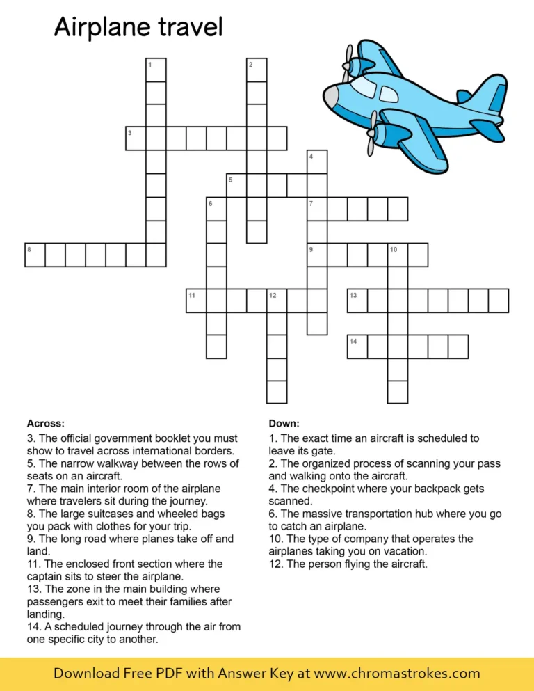 Printable airplane travel crossword puzzle featuring flight vocabulary and an airplane coloring section.