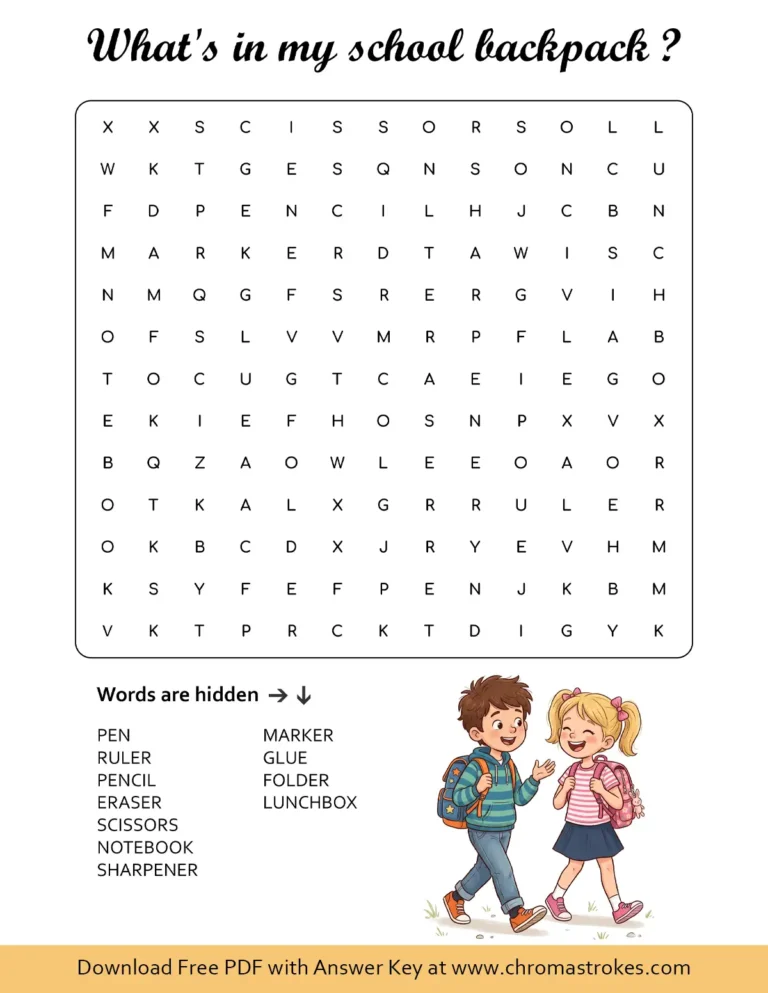 Printable back to school word search puzzle with supplies list and student illustration.