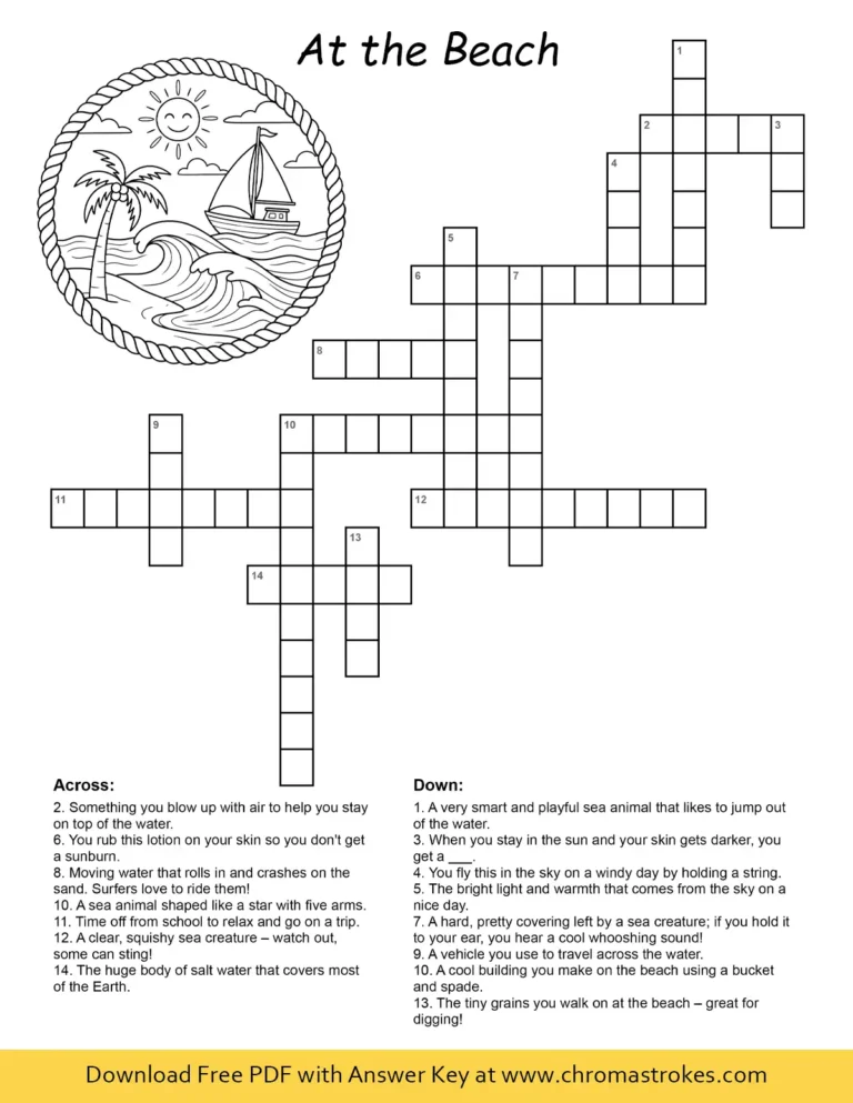 Free printable summer crossword puzzle for kids featuring an ocean scene to color and beach clues.