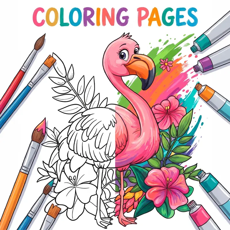 A half-painted pink flamingo and tropical flowers from our collection of coloring pages.