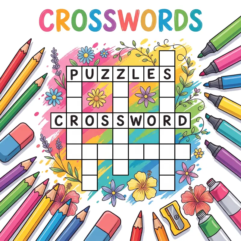 Vibrant illustration of a puzzle grid, bright flowers, and colorful art supplies for crosswords.