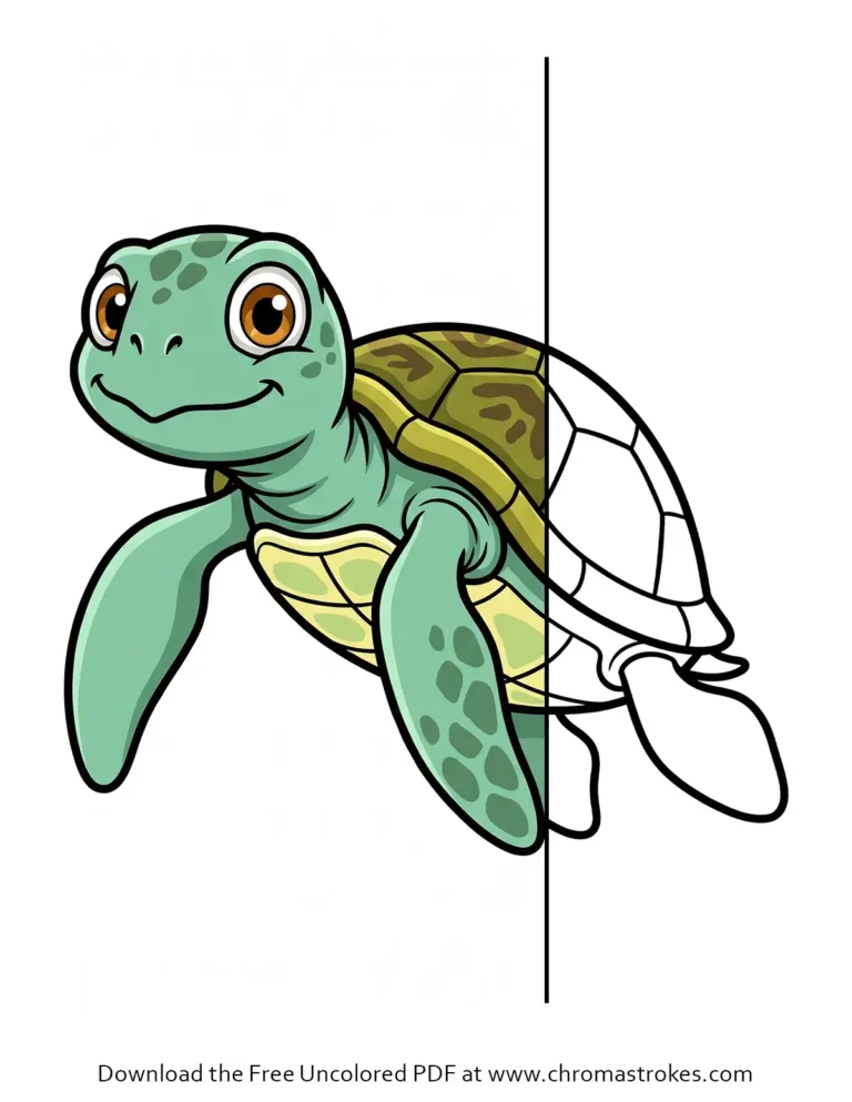 Cute sea turtle coloring page for kids featuring a happy, smiling cartoon turtle swimming.