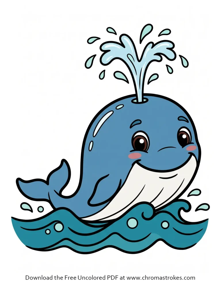 Easy whale coloring page featuring a happy cute whale spouting water above the ocean waves.