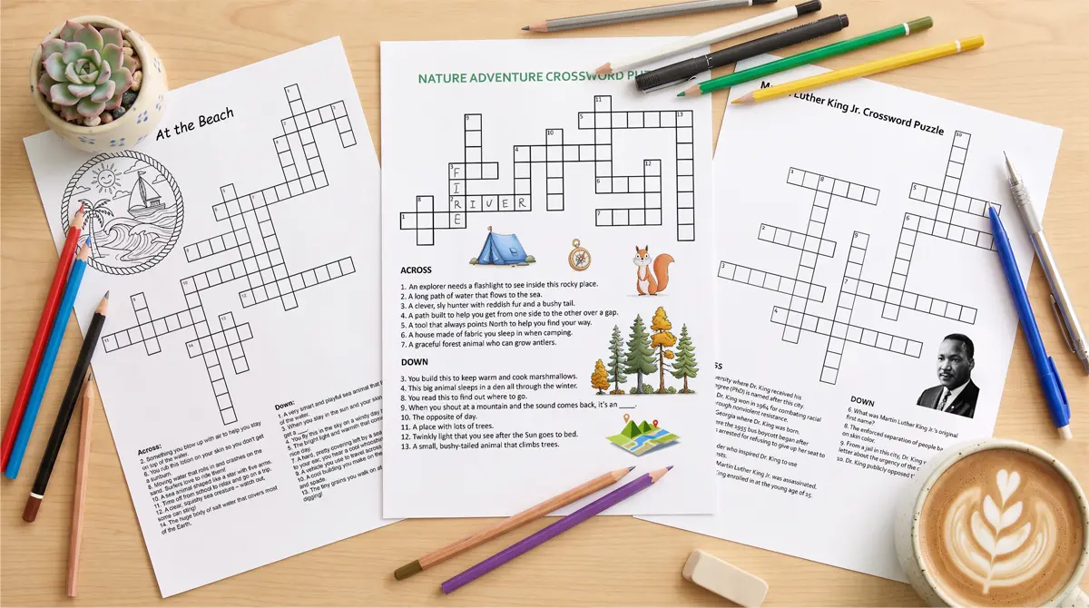 Print these free crossword puzzles featuring beach, nature, and history themes, arranged on a wood desk with pencils.