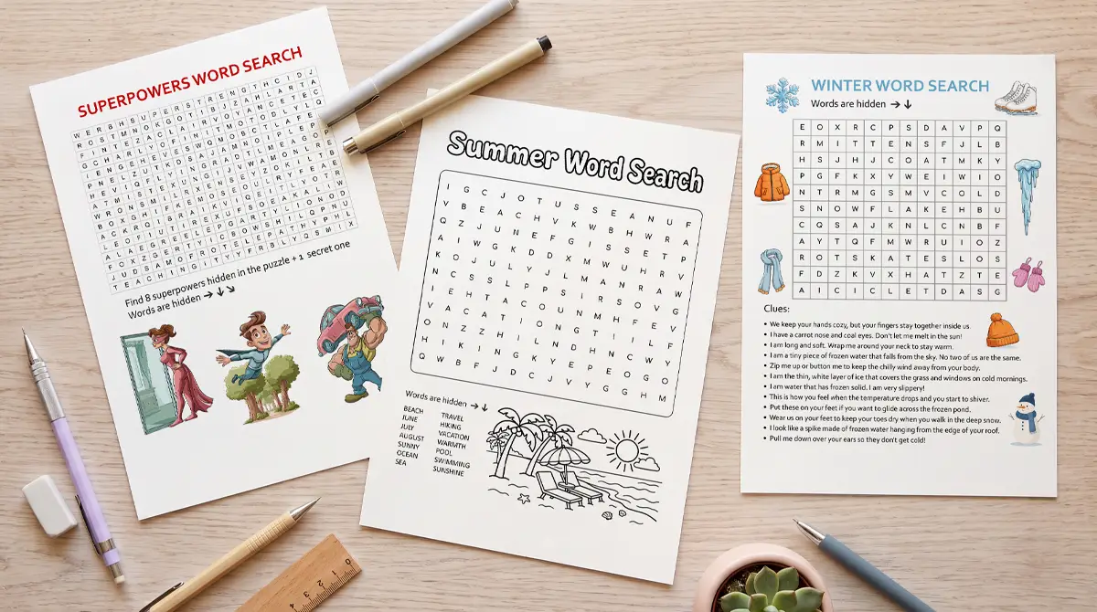 Three printed word search puzzles on a wooden desk alongside scattered pens, a wooden ruler, and a small plant.
