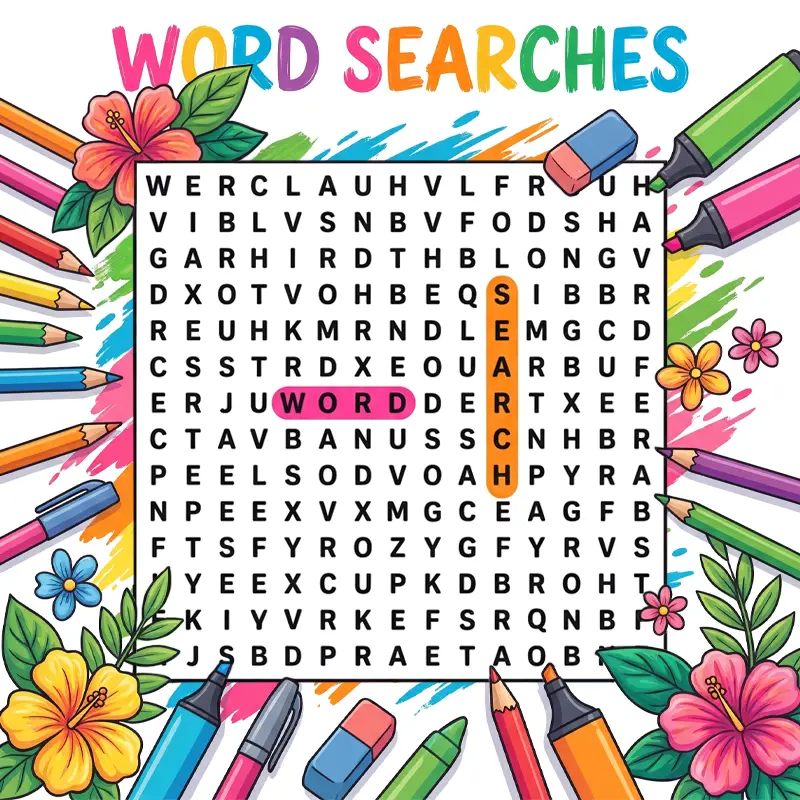 Vibrant illustration of a puzzle grid with highlighted words, surrounded by art supplies for word searches.