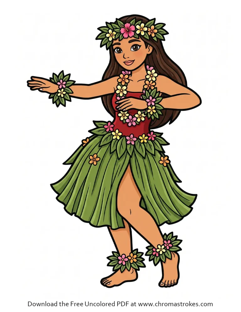 Download this Hawaii coloring page featuring a girl wearing leis and performing a hula dance.