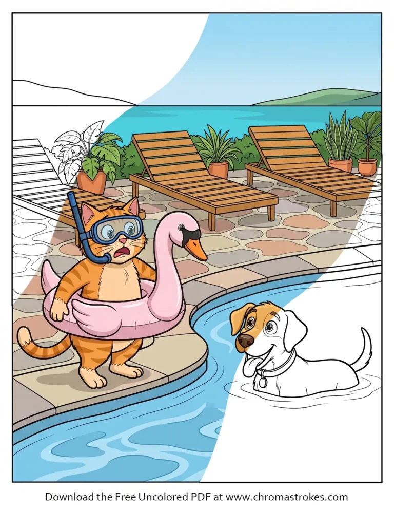 Funny summer coloring page featuring a nervous cat in a swan float watching a dog swim in a pool.