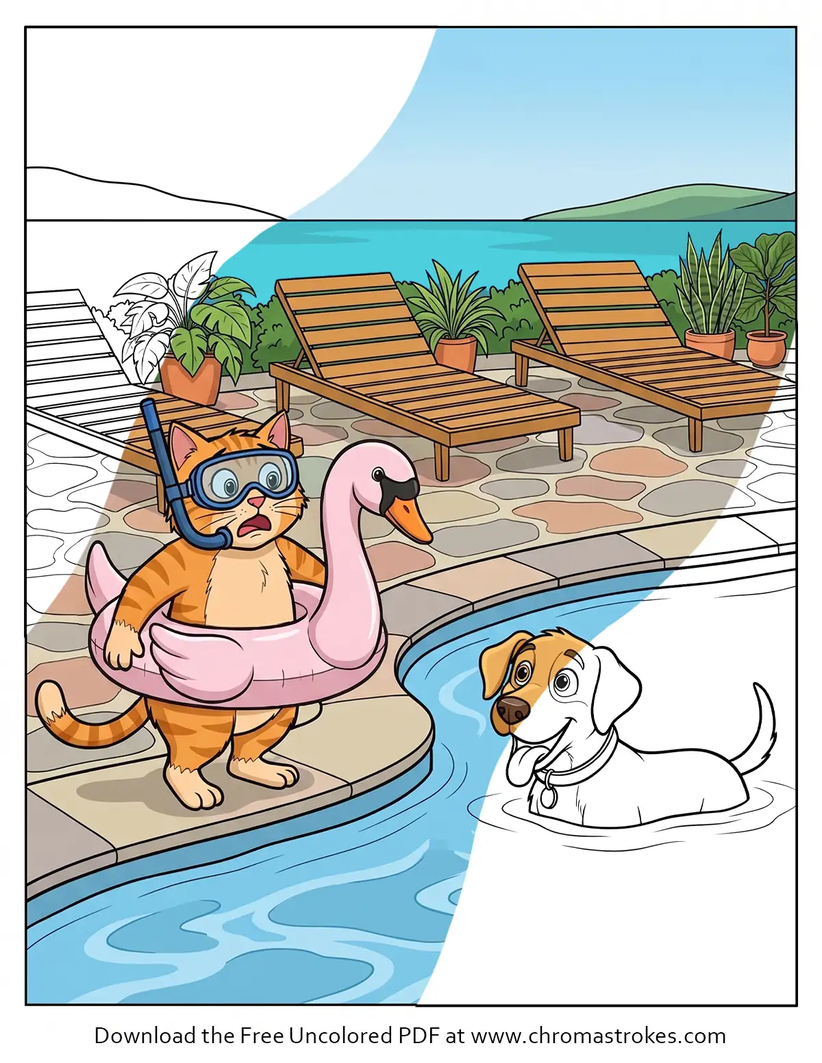 Funny Summer Coloring Page: Nervous Cat in a Swan Float