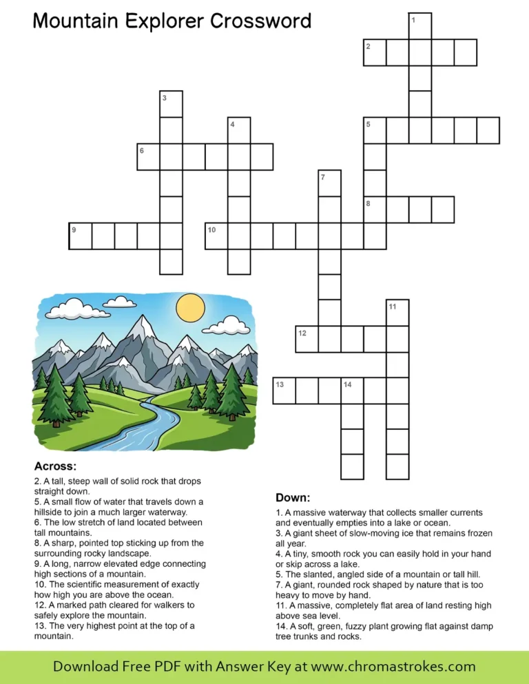 Printable Mountain Crossword for Kids featuring nature vocabulary clues and a scenic landscape to color.