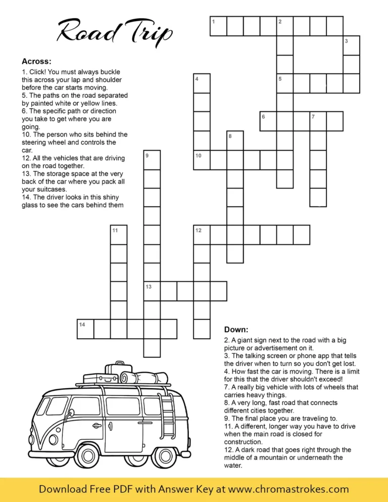 Printable road trip crossword puzzle featuring a vintage camper van to color and travel-themed clues.
