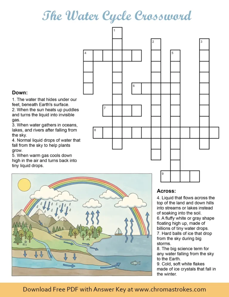 A free printable water cycle crossword puzzle for kids with an illustration of the process.