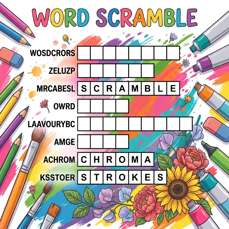 Illustrated word scramble game worksheet surrounded by vibrant paint splatters, art supplies, and flowers.