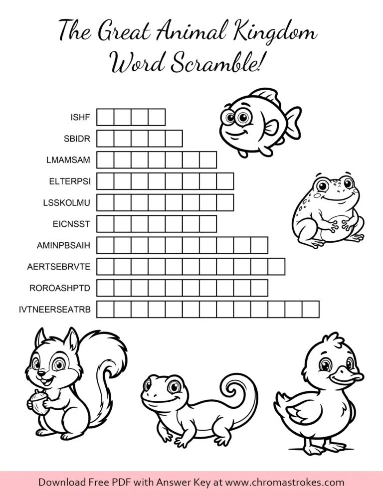 A fun 3rd grade animal classification word scramble with fish, frog, lizard, duck and squirrel illustrations.