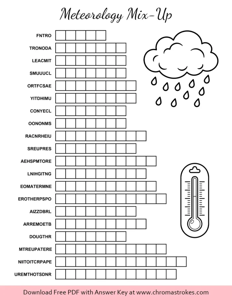 Engaging 6th grade weather word scramble worksheet with cloud, rain, and thermometer illustrations.