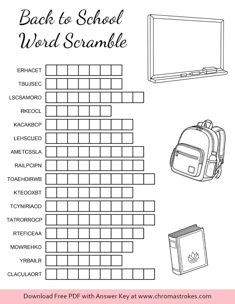A back to school scramble activity page featuring a whiteboard, backpack, and textbook illustrations.