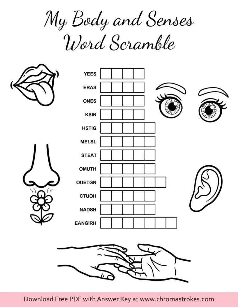Educational 5 senses word scramble printable with illustrations of eyes, ear, nose, mouth and hands.