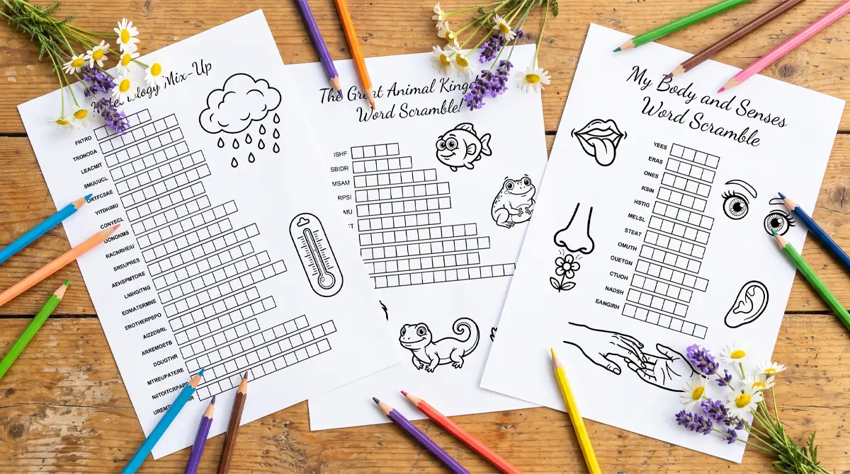 Three thematic word scramble game worksheets on a wooden table, featuring weather, animals, and body senses.
