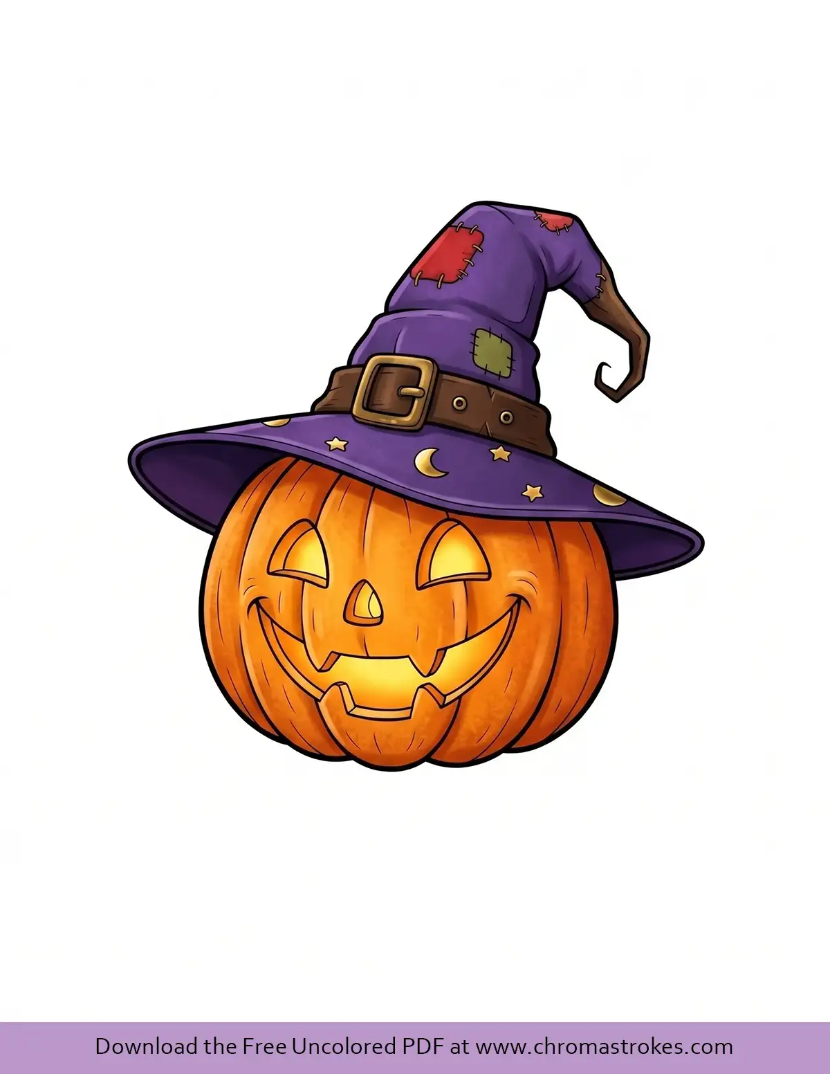 Jack o lantern coloring page of a smiling carved pumpkin wearing a patched witch hat with stars and moons
