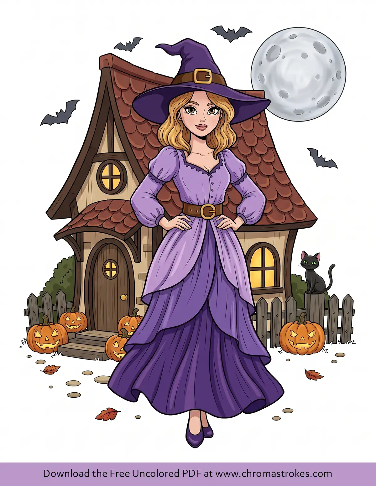 Witch and Haunted House Halloween Coloring Page
