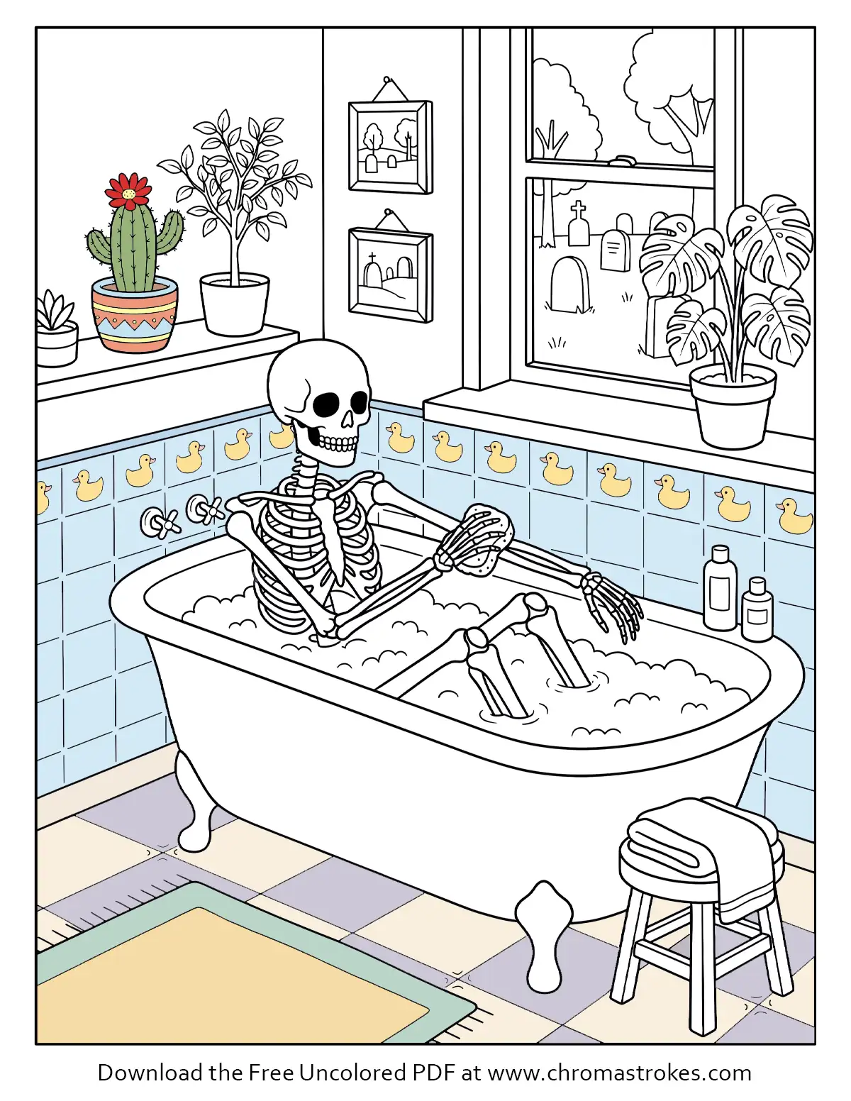 Bubble Bath Time – Funny Skeleton Coloring Page
