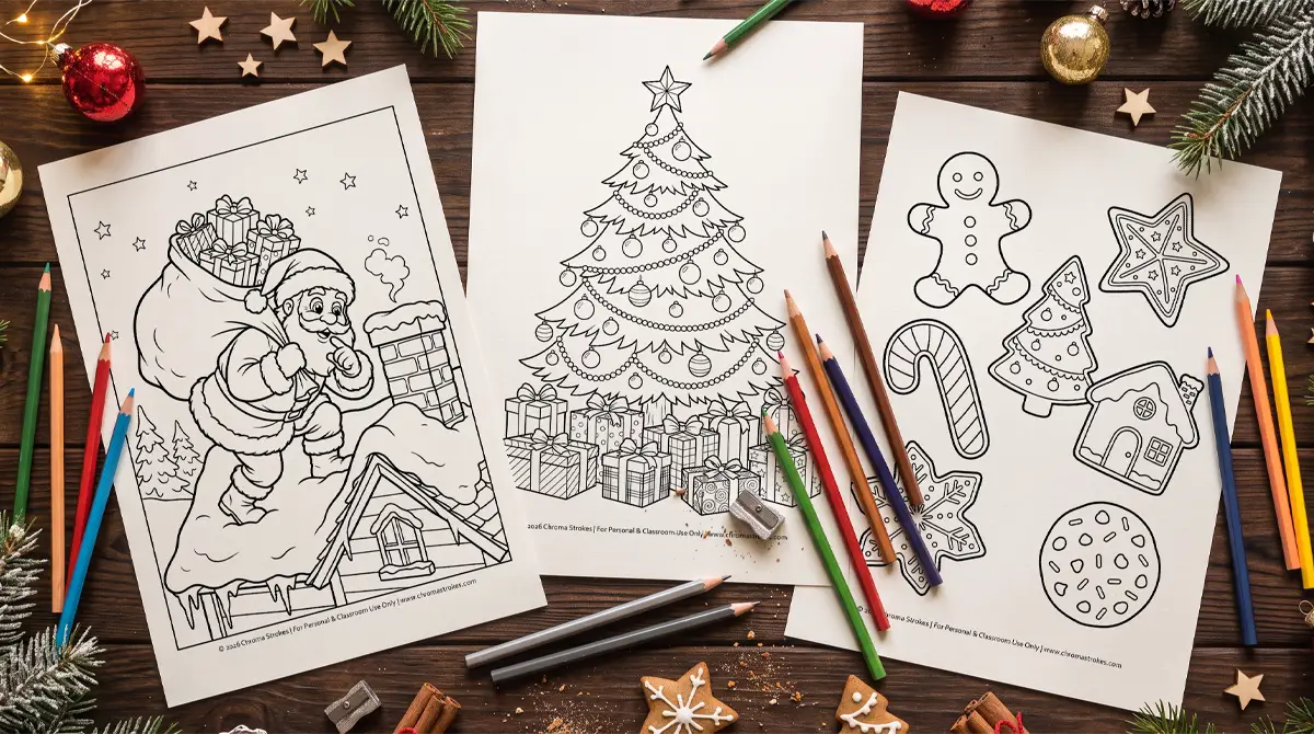 Christmas coloring pages of Santa on a rooftop, a decorated tree and cookies on a wooden table with colored pencils