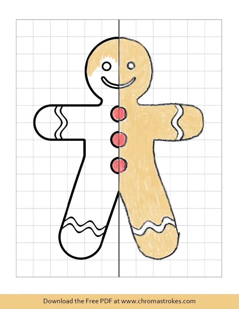 Christmas complete the picture worksheet with half a gingerbread man with buttons and icing to mirror on a grid