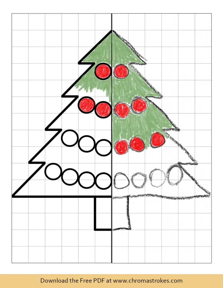 Christmas complete the picture worksheet with half a Christmas tree with ornaments to mirror on a grid