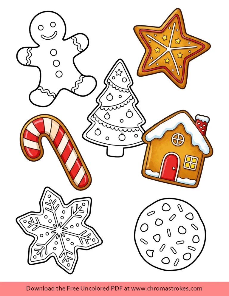 Christmas cookies coloring page with gingerbread man, star, tree, candy cane, gingerbread house, snowflake and chip cookie