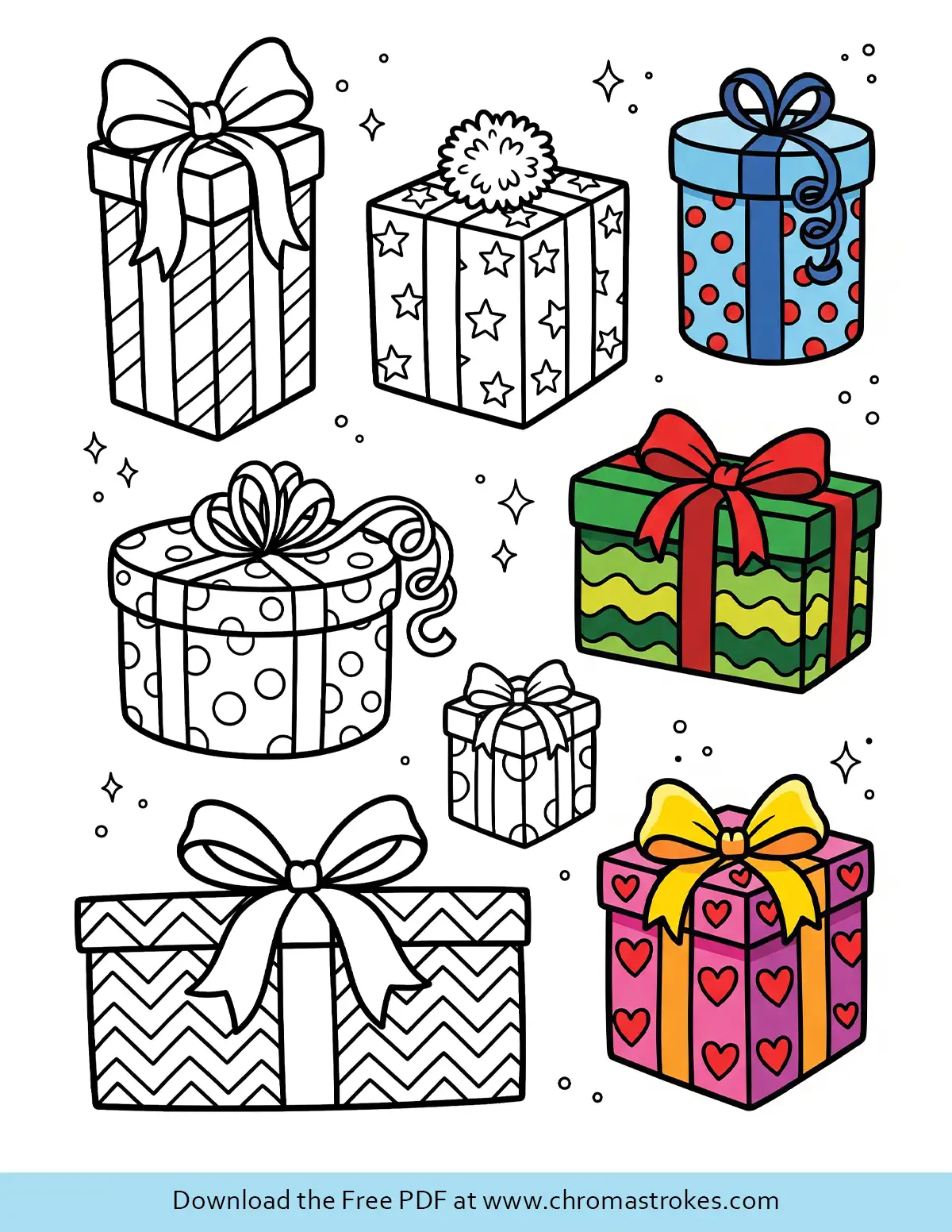 Eight Wrapped Presents – Christmas Gift Coloring Page
