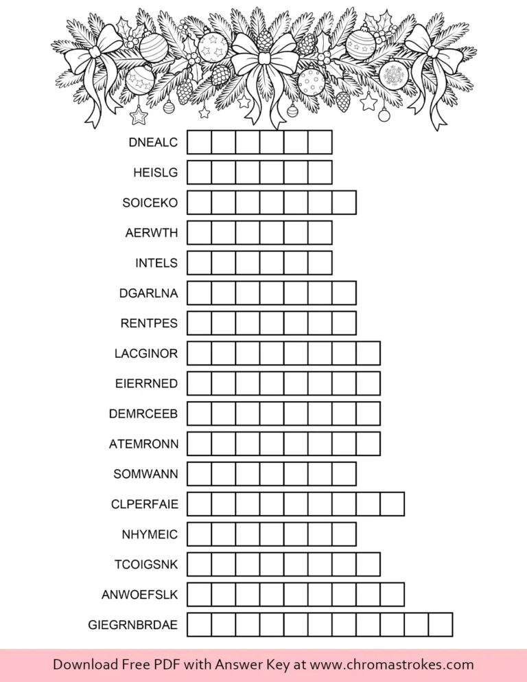 Christmas scramble game with 17 jumbled holiday words, letter boxes and a garland of bows, ornaments and pinecones