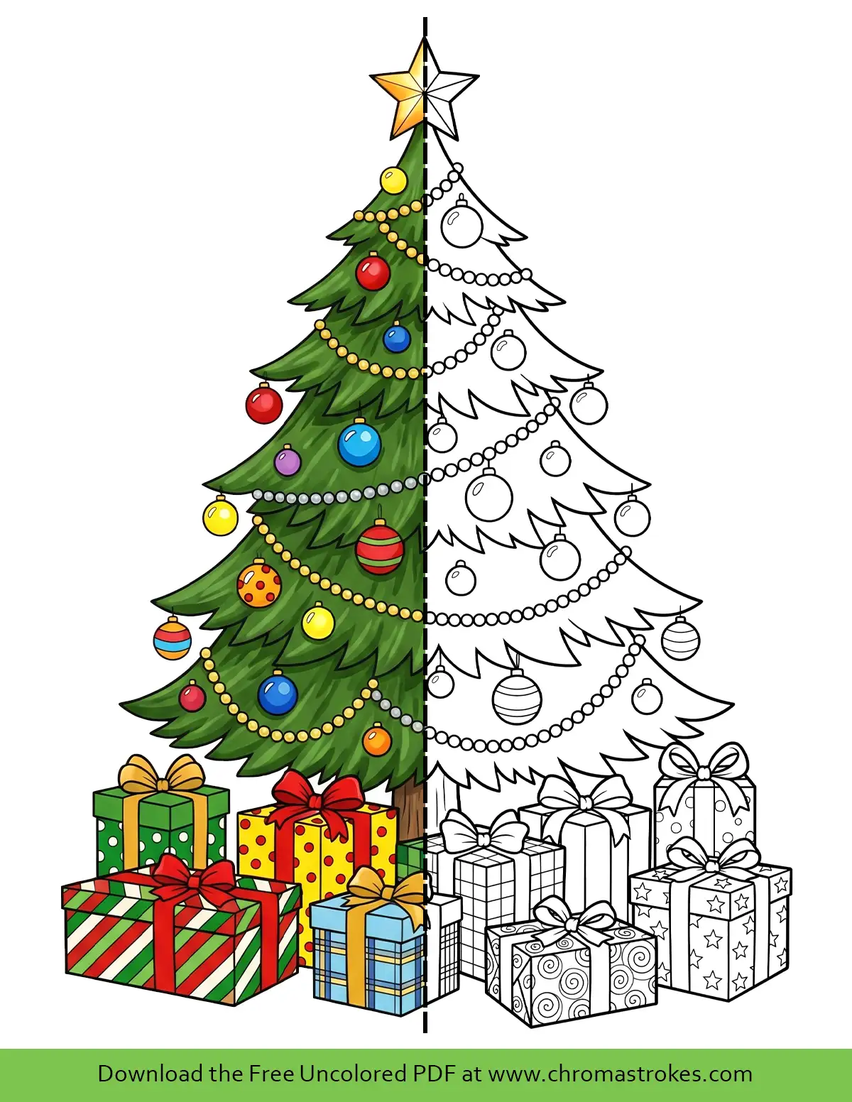 Decorated Christmas Tree Coloring Page with Presents