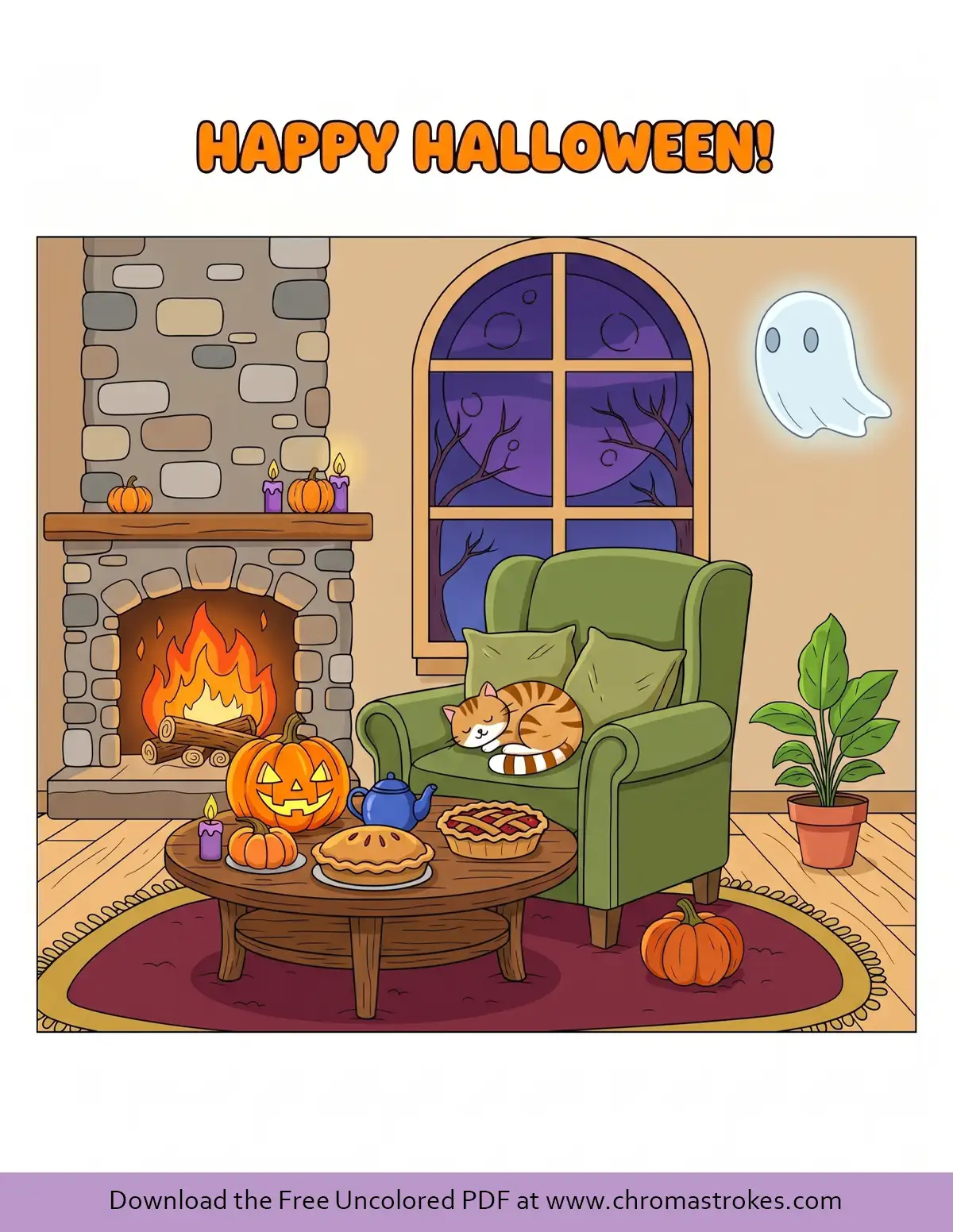 Cozy Halloween Coloring Page – Living Room by the Fireplace