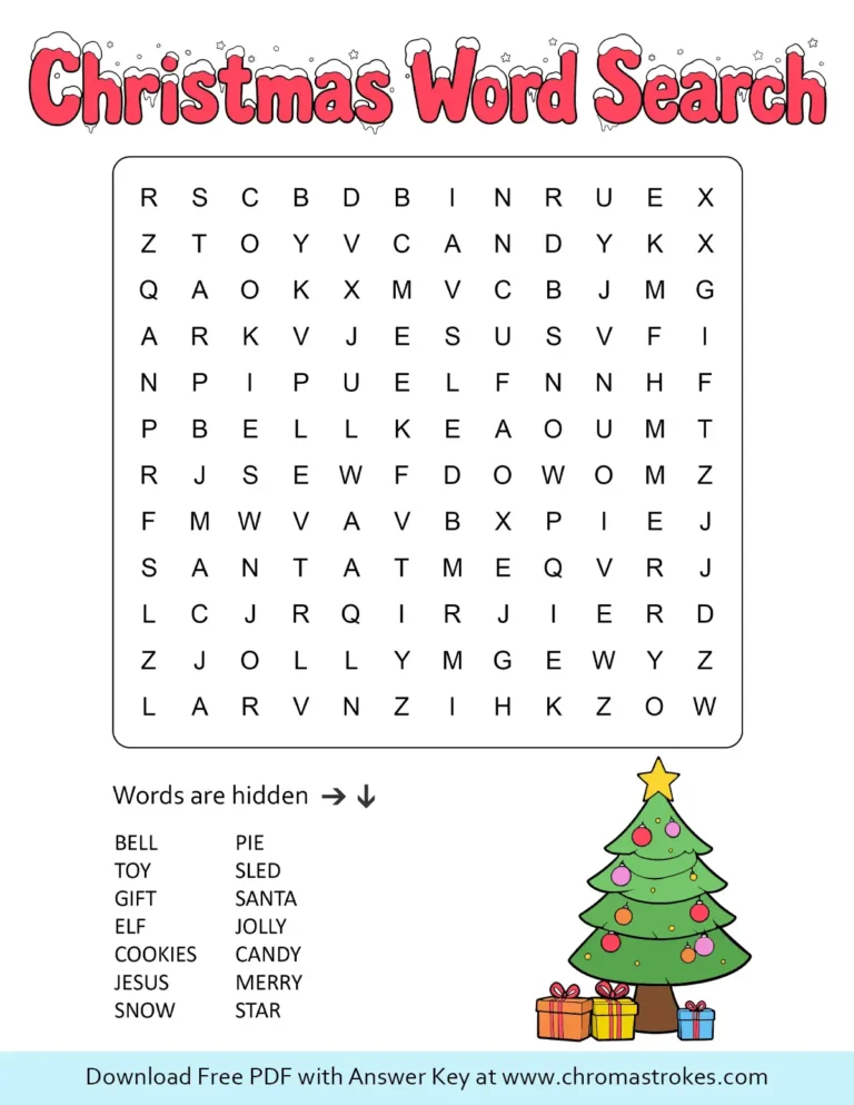Easy Christmas word search with a 12x12 letter grid, 14 holiday words and a decorated Christmas tree with presents