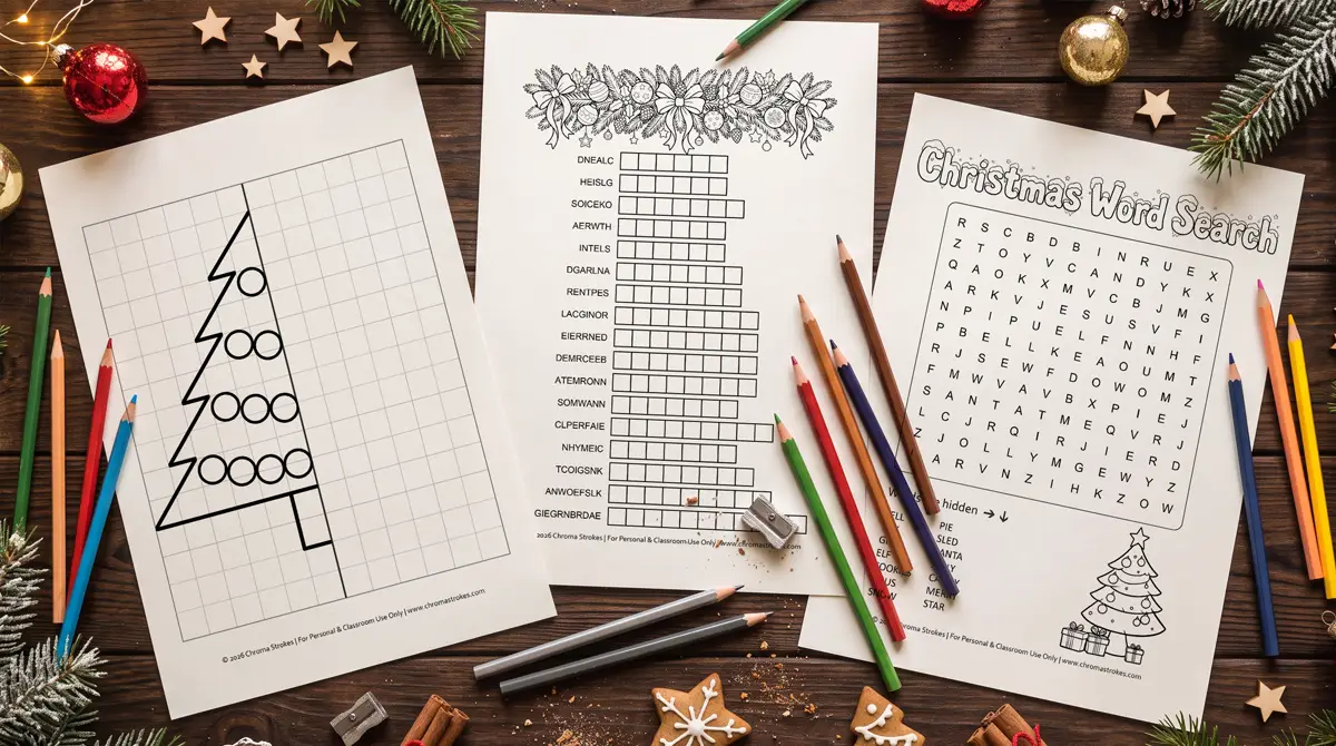 Free Christmas printables: complete the picture tree, word scramble and word search with colored pencils