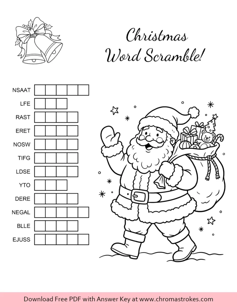 Free Christmas word scramble with 12 jumbled holiday words, letter boxes, Christmas bells and Santa carrying a toy sack