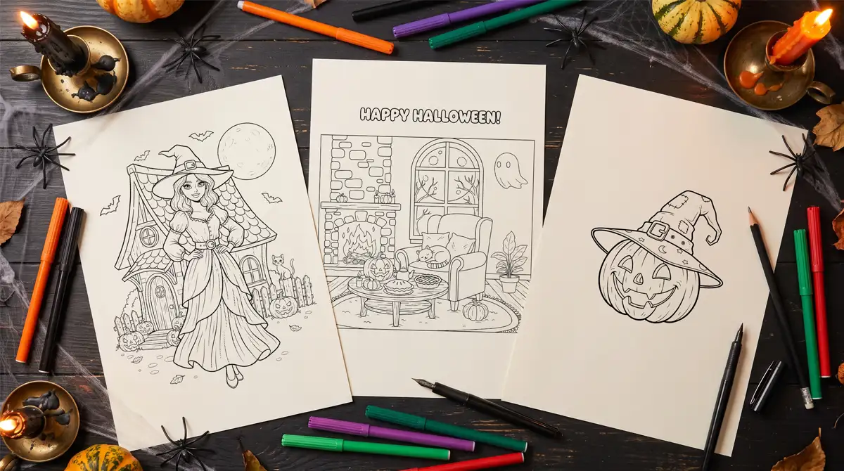 Free Halloween coloring pages showing a witch, a cozy living room, and a Jack o lantern, set on a desk with markers.
